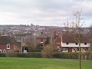 The 'Old Blue Boar' with the city in the distance