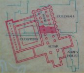 St Mary's Abbey location plan (In red). The outlines of existing buildings & structures are shown in blue. The visible excavated area is blocked in red.